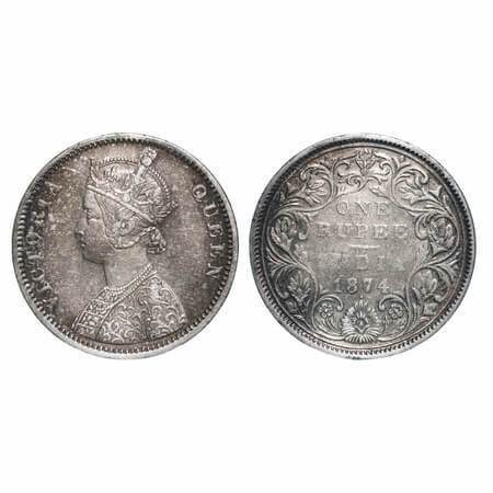 Victoria Queen, Silver, Rupee, 1874, Bombay Mint, A2/II, Dot, Dot above tip of bottom flow