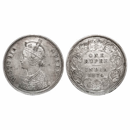 Victoria Queen, Silver, Rupee, 1874, Calcutta Mint, A1/I, No mint mark. F. Prid 112. GK 41