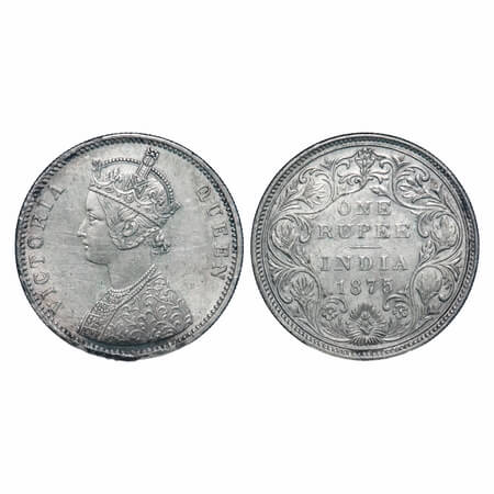 Victoria Queen, Silver, Rupee, 1875, Bombay Mint, A2/II, No dot, Top stroke of numeral 5 l