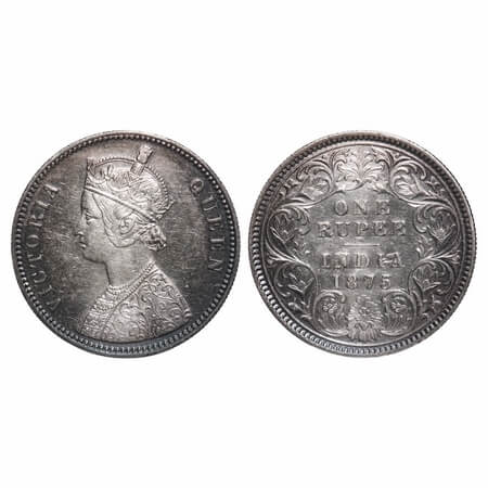 Victoria Queen, Silver, Rupee, 1875, Calcutta Mint, A1/I, No mint mark, Top stroke of nume