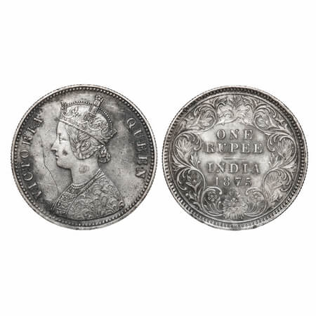 Victoria Queen, Silver, Rupee, 1875, Calcutta Mint, A1/I, No mint mark, Top stroke of nume