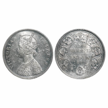 Victoria Empress, Silver, Rupee, 1877, Bombay Mint, A2/II, Dot, Thin numeral 77 with initi