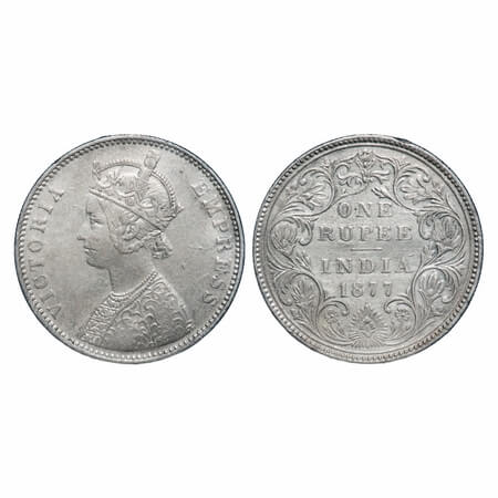 Victoria Empress, Silver, Rupee, 1877, Bombay Mint, A1(i)/II, Dot. F. Prid Unlisted. GK 43