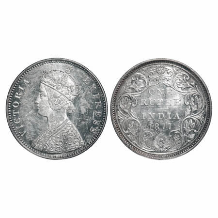 Victoria Empress, Silver, Rupee, 1877, Bombay Mint, A3/II(i), Dot, Thin numeral 77. F. Pri
