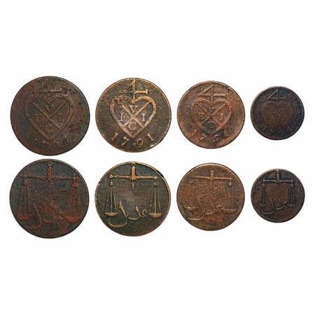 Bombay Presidency, Copper (4 Coins), 1) 2 Pice 1794 (P.Stevens 8.7/F.Prid 121), 2) 1 1/2 P