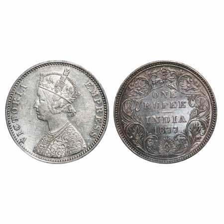 Victoria Empress, Silver, Rupee, 1877, Bombay Mint, A3/II(i), Dot, Thin numeral 77, Ghost 