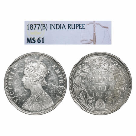 Victoria Empress, Silver, Rupee, 1877, Bombay Mint, A3/II(i), Dot, Thin numeral 77, Frost
