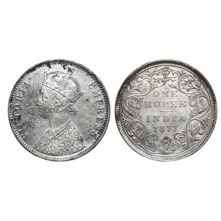 Victoria Empress, Silver, Rupee, 1877, Bombay Mint, A3/II(i), Dot, Thin numeral 77. F. Pri