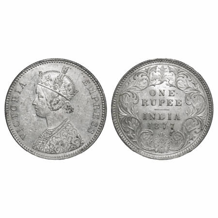Victoria Empress, Silver, Rupee, 1877, Bombay Mint, A3/I, Dot. F. Prid 150. GK 444. About 