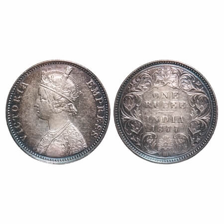 Victoria Empress, Silver, Rupee, 1877, Bombay Mint, A3/I, Dot, Thin numeral 77 with initia
