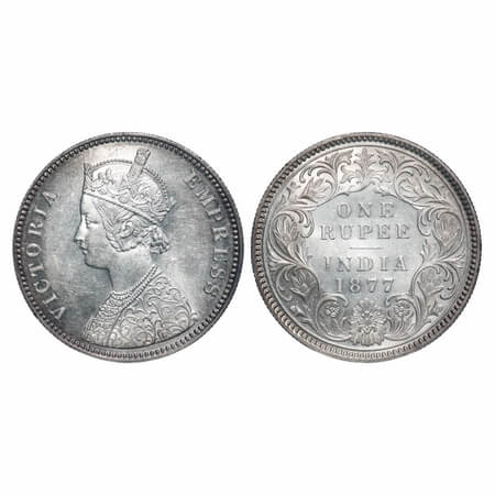 Victoria Empress, Silver, Rupee, 1877, Calcutta Mint, A1/I, No mint mark, Thick numeral 77