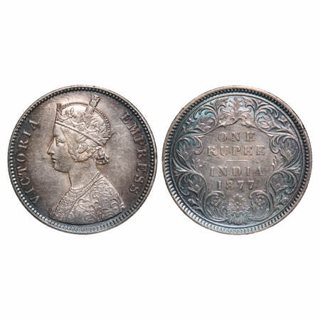 Victoria Empress, Silver, Rupee, 1877, Calcutta Mint, A1/I, Dot, No mint mark, Thick numer