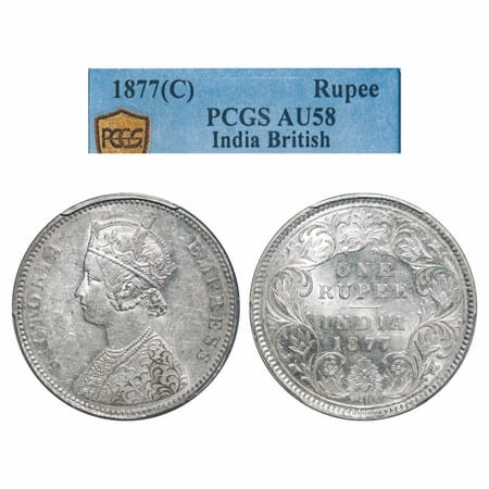 Victoria Empress, Silver, Rupee, 1877, Calcutta Mint, A1/I, No mint mark, Thick numeral 77