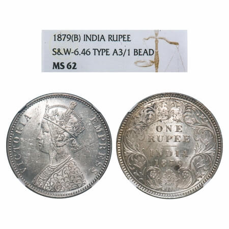 Victoria Empress, Silver, Rupee, 1879, Bombay Mint, A3/I, Dot. F. Prid. GK 460. NGC Slabbe