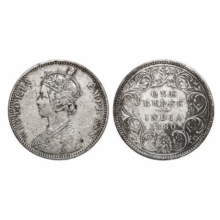 Victoria Empress, Silver, Rupee, 1880, Bombay Mint, A3/I, Dot. F. Prid 156. GK 466. Extrem