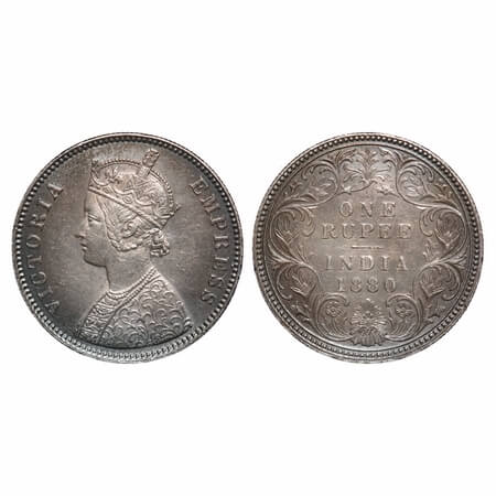 Victoria Empress, Silver, Rupee, 1880, Calcutta Mint, A1/I, 'C' incused. F. Prid 118. GK 4