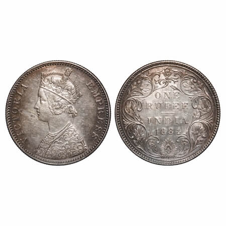 Victoria Empress, Silver, Rupee, 1884, Bombay Mint, A3/II(i), 'B' raised (bottom). F. Prid