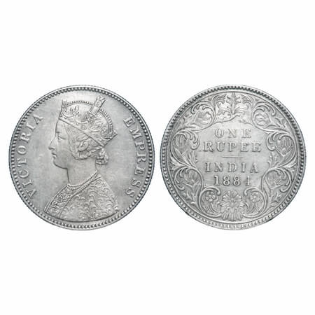 Victoria Empress, Silver, Rupee, 1884, Bombay Mint, A3/I, 'B' raised. F. Prid 167. GK 489.
