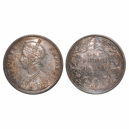 Victoria Empress, Silver, Rupee, 1884, Bombay Mint, A3/I, 'B' raised. F. Prid 167. GK 489.