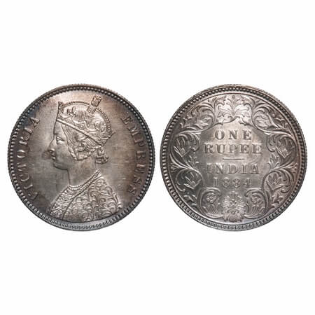 Victoria Empress, Silver, Rupee, 1884, Calcutta Mint, A1/I, 'C' incused. F. Prid 123. GK 4