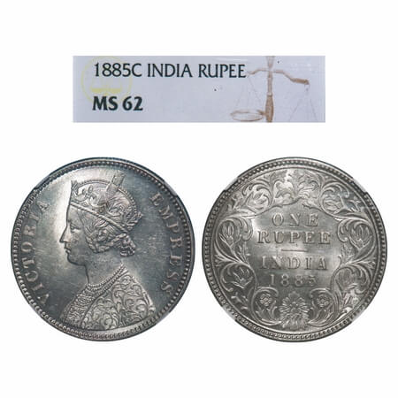 Victoria Empress, Silver, Rupee, 1885, Calcutta Mint, A1/I, 'C' incused, Top stroke of num
