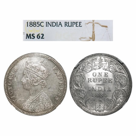 Victoria Empress, Silver, Rupee, 1885, Calcutta Mint, A1/I, 'C' incused, top stroke of num