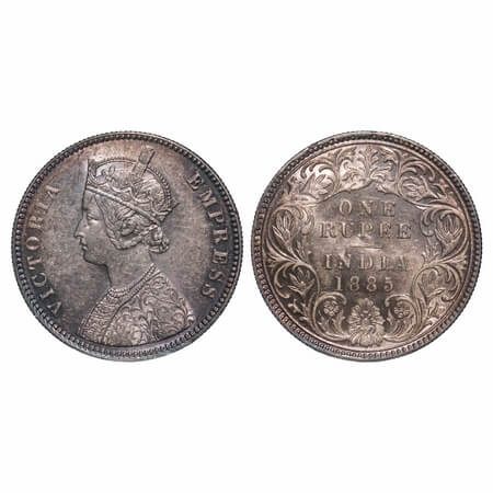 Victoria Empress, Silver, Rupee, 1885, Calcutta Mint, A1/I, 'C' incused, Top stroke of num