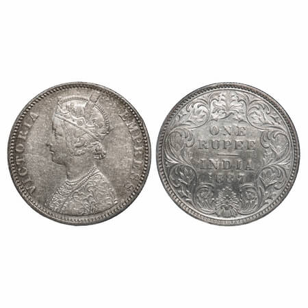 Victoria Empress, Silver, Rupee, 1887, Bombay Mint, C2/I, 'B' incused. F. Prid 173. GK 541