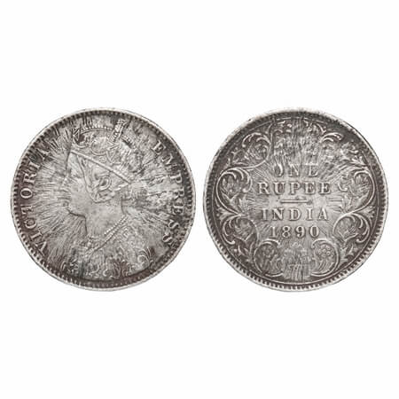Victoria Empress, Silver, Rupee, 1890, Calcutta Mint, Error, Sun burst Error. F. Prid 131.