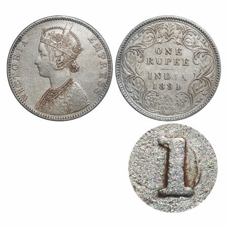 Victoria Empress, Silver, Rupee, 1891, Bombay Mint, C2/I, 'B' incused, Traces of numeral 0