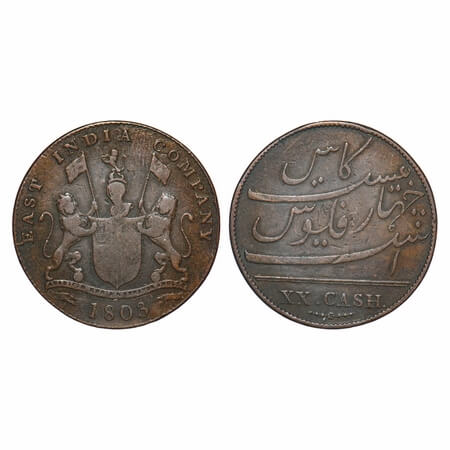 Madras Presidency, Copper XX (Twenty) Cash, 12.45g (Heavy Issue), Struck at Soho Mint, 180