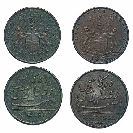 Madras Presidency, Copper (2 Coins), X/10 cash 1803 & 1808, Struck at Soho Mint, P.Stevens