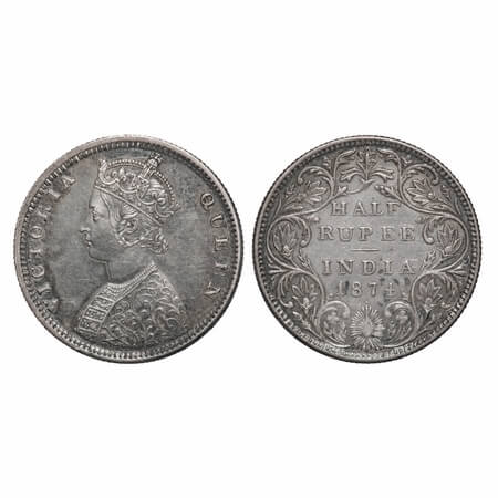 Victoria Queen, Silver, Half Rupee, 1874, Bombay Mint, B1/II, Dot. F. Prid 284. GK 599. Ex