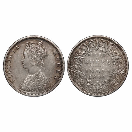 Victoria Queen, Silver, Half Rupee, 1874, Bombay Mint, B2/II, Dot. F. Prid 285. GK 600. Ex