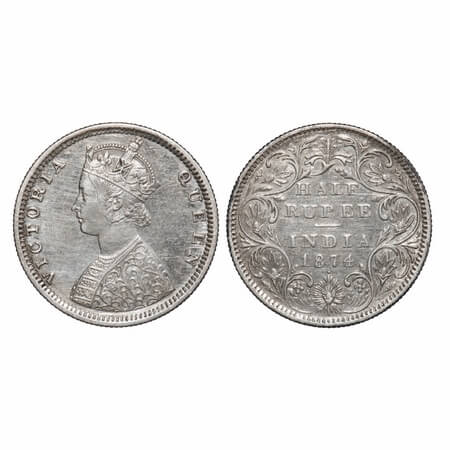 Victoria Queen, Silver, Half Rupee, 1874, Bombay Mint, B2/II, Dot. F. Prid 285. GK 600. Ex