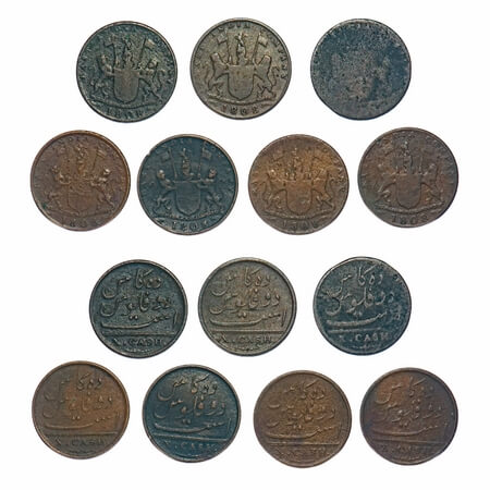 Madras Presidency, Copper X/10 Cash (7 Coins), Struck at Soho Mint, light issue (normal he