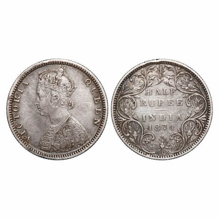 Victoria Queen, Silver, Half Rupee, 1874, Bombay Mint, B2/II, Dot, Ex-mount above top flow