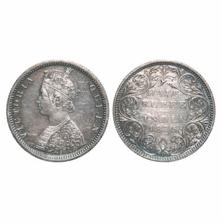 Victoria Queen, Silver, Half Rupee, 1875, Bombay Mint, B2/II, Dot. F. Prid 286. GK 602. Ex