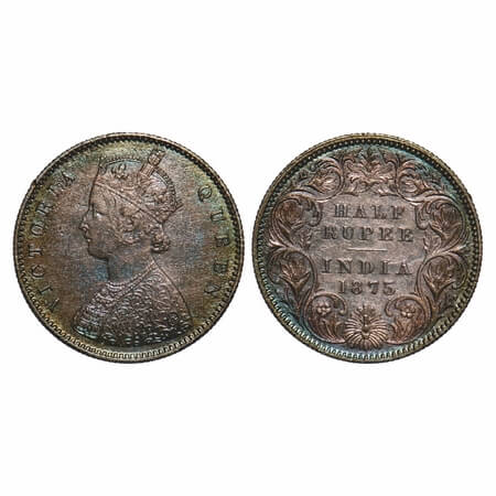 Victoria Queen, Silver, Half Rupee, 1875, Calcutta Mint, A/I, No mint mark, Tilted numeral
