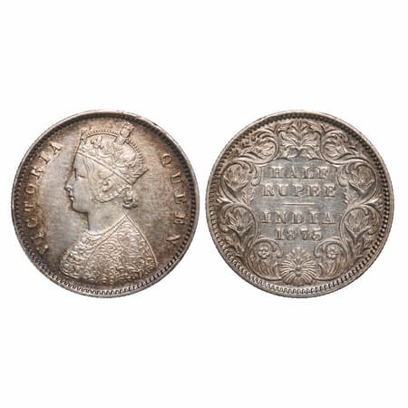 Victoria Queen, Silver, Half Rupee, 1875, Calcutta Mint, A/I, No mint mark, Tilted numeral
