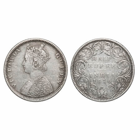 Victoria Queen, Silver, Half Rupee, 1876, Bombay Mint, B2/II, Dot. F. Prid 287. GK 606. Ex