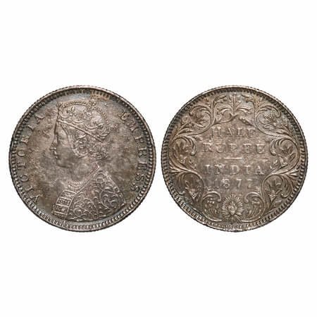 Victoria Empress, Silver, Half Rupee, 1877, Bombay Mint, B2/II, Dot. F. Prid 288. GK 608. 