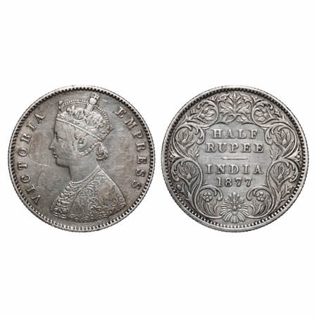 Victoria Empress, Silver, Half Rupee, 1877, Calcutta Mint, A/I, No mint mark, Scratch mark