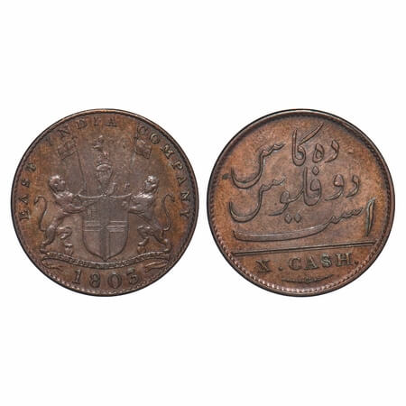 Madras Presidency, Copper X (Ten) Cash, 6.47g, Struck at Soho Mint, 1803 AD, Obv: Coat of 