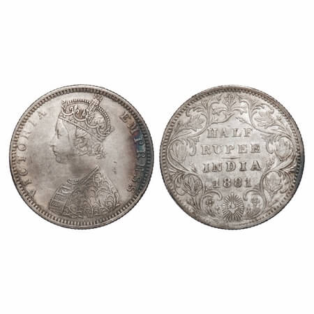 Victoria Empress, Silver, Half Rupee, 1881, Bombay Mint, B2/II, Dot. F. Prid 289. GK 615. 