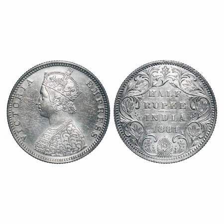 Victoria Empress, Silver, Half Rupee, 1881, Bombay Mint, B2/II, Dot. F. Prid 289. GK 615. 