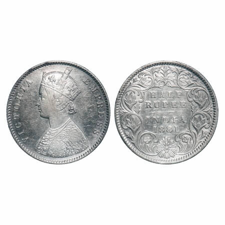 Victoria Empress, Silver, Half Rupee, 1881, Calcutta Mint, A/I, 'C' incused. F. Prid 265. 