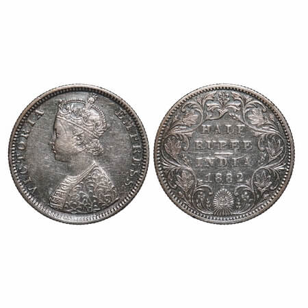 Victoria Empress, Silver, Half Rupee, 1882, Bombay Mint, B/II, Dot. F. Prid 290. GK 618. V