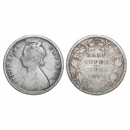 Victoria Empress, Silver, Half Rupee, 1884, Bombay Mint, A/II, Dot. F. Prid 292. GK 625. F