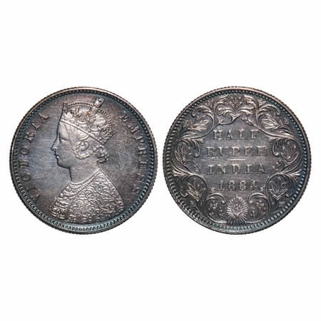 Victoria Empress, Silver, Half Rupee, 1884, Bombay Mint, A/II, Dot. F. Prid 292. GK 625. E
